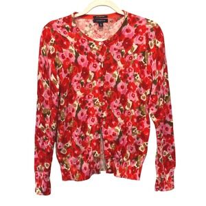Lands' End Supima Cotton Floral Cardigan Sweater Small Pink Red Button Front